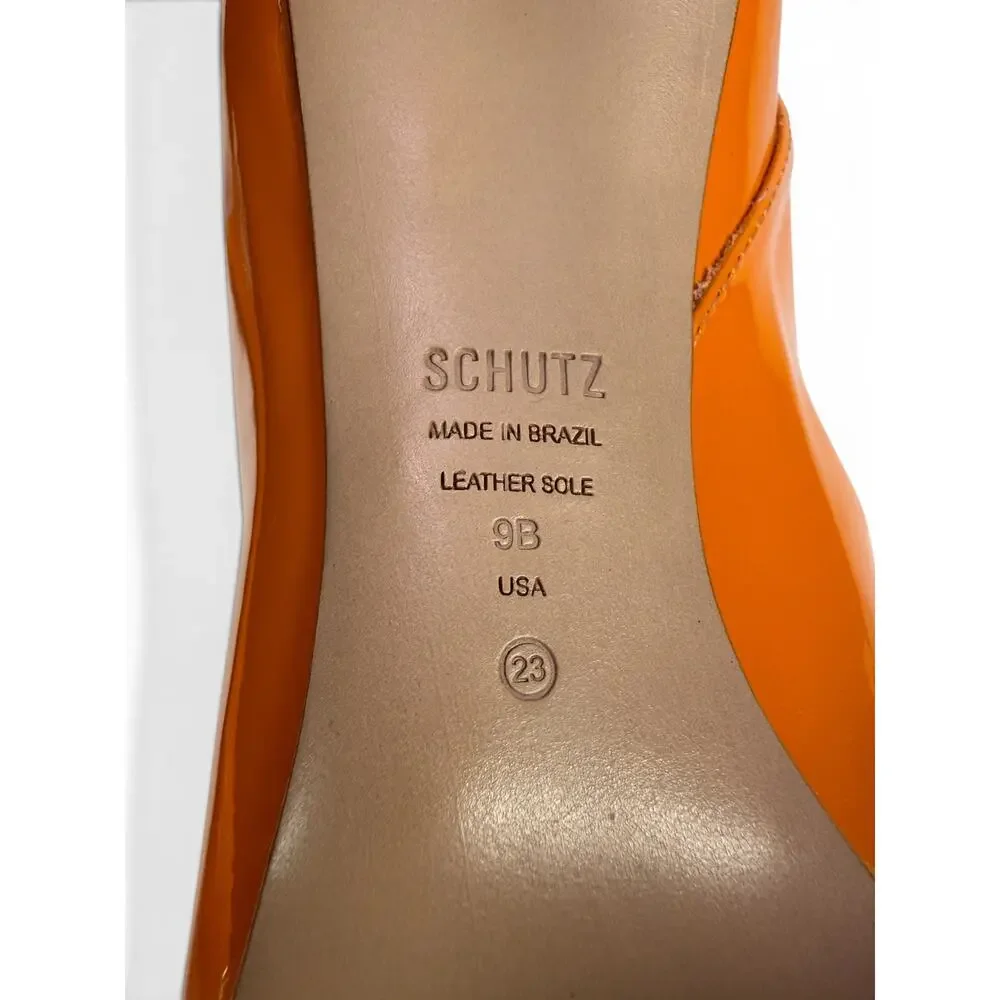 Schutz Maya High Ankle Boots Womens 9 Tangerine‎ Orange Patent Stiletto Pull On